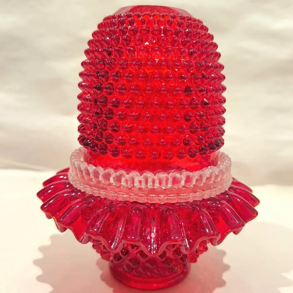 Vintage Fenton LG Wright Ruby Red Hobnail 3 Pc Fairy Lamp Ruffled UV Glow